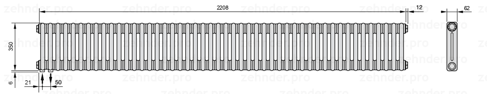 Схема (чертеж) Радиатор Zehnder Charleston 2035/48 №3370 Белый глянцевый RAL 9016